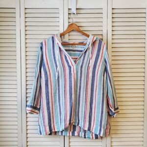 L.L. Bean Linen Hooded Top Striped 3/4 Sleeve Nautical Coastal Women's Size L